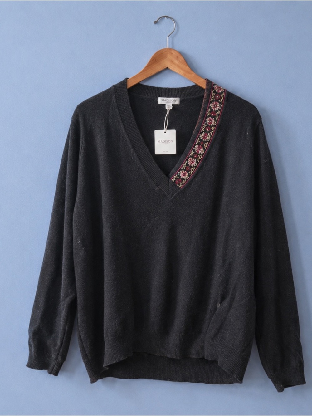 And The Why Black V-Neck Sweater with Embroidered Trim
